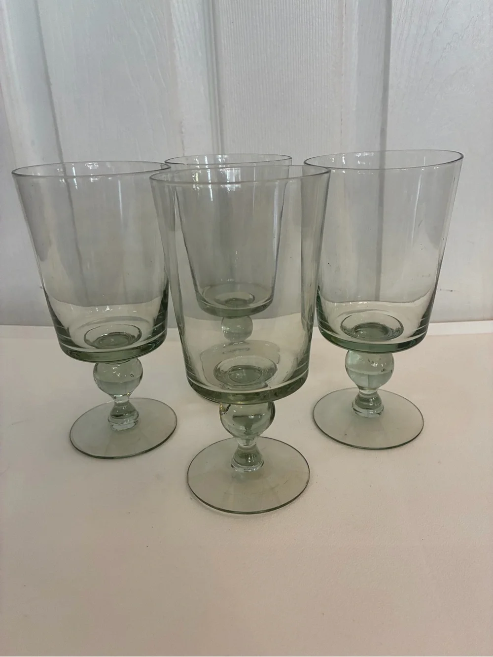 Set of 4 Anthropologie Backyard Green Horta Glass Goblets Blown Ball Stem Poland